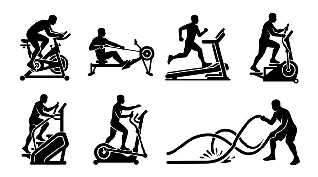 Set of silhouettes showing people working out on various gym equipment.
