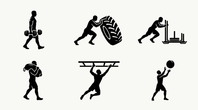 Set of silhouettes showing various functional fitness and crossfit training exercises.