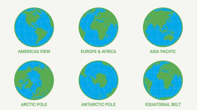 Set of six globe icons showing different world views and geographical regions.
