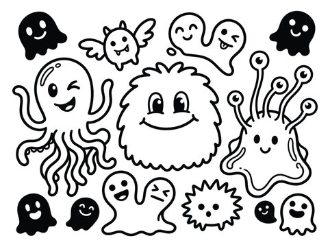 Cute Monster Doodles Set Hand Drawn Kawaii Alien and Ghost Characters for Kids Coloring Book and Stickers