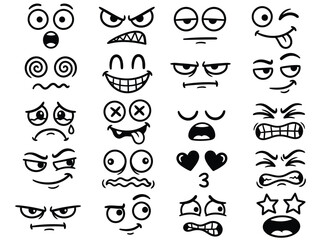 Fototapeta premium Cartoon Doodle Facial Expressions Set Vector Illustration Hand Drawn Comic Emoticons with Different Emotions