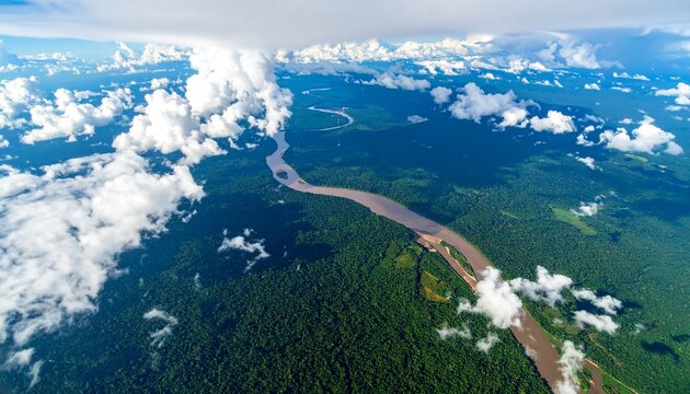 Aerial view of the Amazon River winding through the lush rainforest, a breathtaking natural landscape.