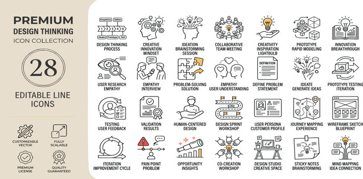 Design Thinking line editable icon set. Contain icons related to design, thinking, ideation, brainstorm, creativity, prototype, innovation, research, and more. Editable stroke. Vector illustration
