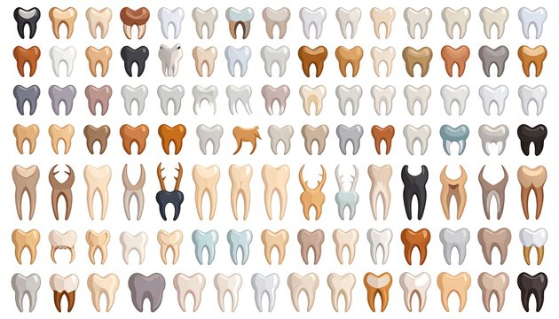Assortment of diverse human teeth, displayed in rows, depicting different shades and conditions