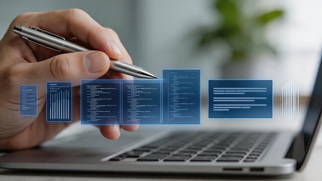 Hand holding pen interacting with holographic user interface screens, coding software development, futuristic technology concept, data analysis, programming code, virtual display,