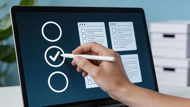 Hand using stylus to select checkmark option on digital tablet screen, checklist verification process, voting concept, multiple choice selection, user interface interaction,