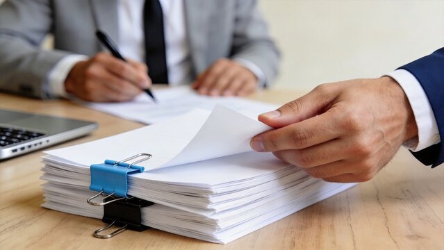 Close up of businessman hand flipping through stack of white paper documents bound with blue and black clips while colleague signs contract agreement on wooden table with laptop