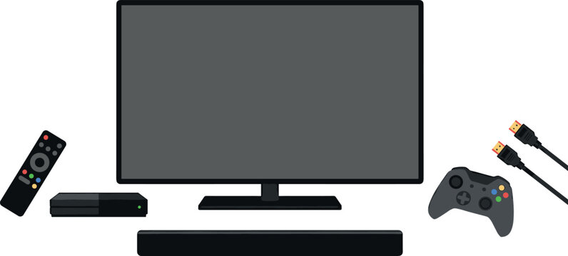 Home Entertainment and Gaming Vector Set Featuring Smart TV Screen, Soundbar Speaker, Media Player Box, Remote Control, Gamepad Controller, and HDMI Cables