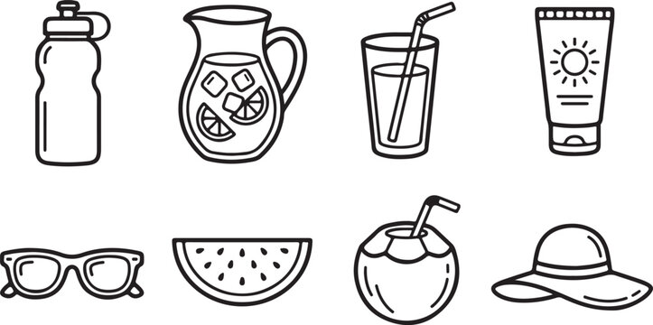set of Summer essentials flat icons set with drink and sun protection items