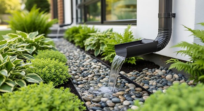 Rainwater flowing from a modern black metal gutter into a stone garden drainage path. downspout garden