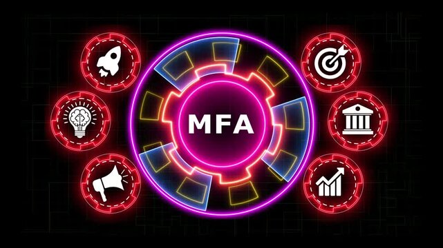 Dynamic business infographic animation with glowing neon circles and icons.