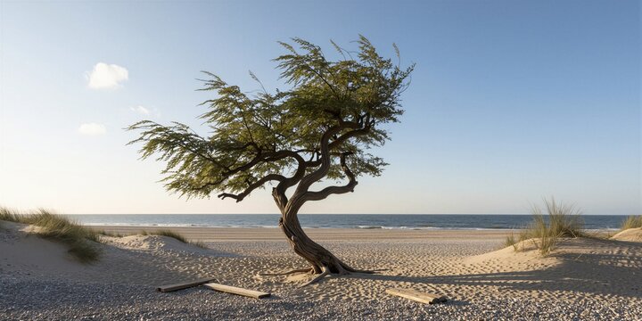 A gnarled Casuarina tree stands tall on a sandy beach at golden hour, its feathery green foliage swaying gently in the warm sunlight.