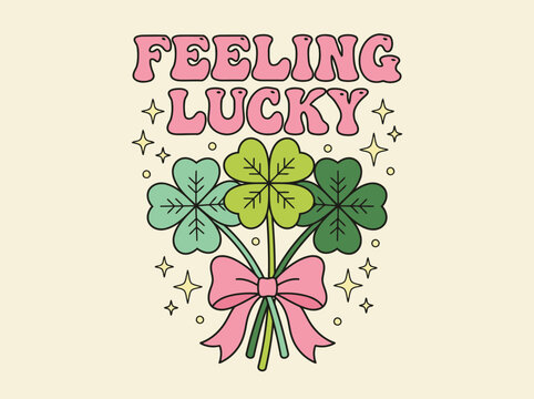 Retro Feeling Lucky Illustration with Four Leaf Clover Bouquet and Pink Bow for St Patricks Day
