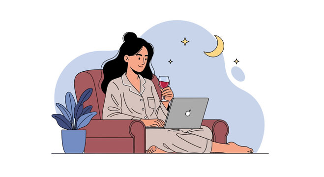 Woman relaxing at night with wine and laptop in a cozy armchair, vector illustration