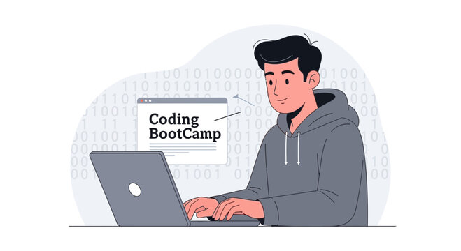 Young man with laptop at coding bootcamp, learning programming, binary code background