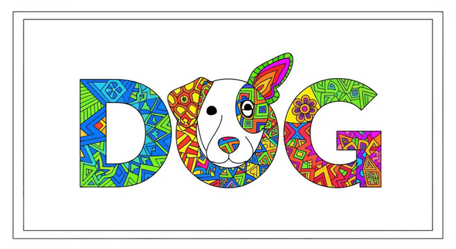 Dog Word Art: Colorful Zentangle Letters with Dog Face Illustration