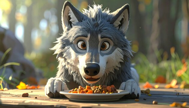 A wolf eating from a plate outdoors.