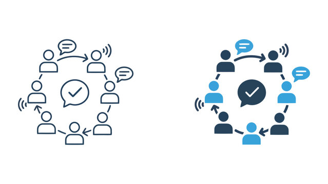 Group of people communicating in circle with check mark speech bubble vector icon set