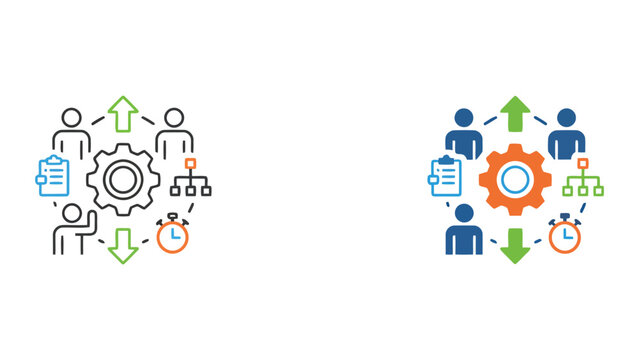 Business management team with organizational chart and performance timer icon