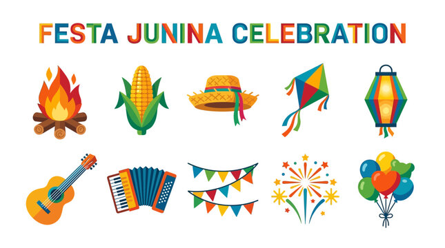 Brazilian festa junina tradition elements and cultural symbols set