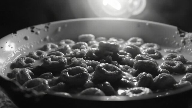 Black and white close up of a bowl of cereal with milk lit by soft ambient light for a cinematic feel.