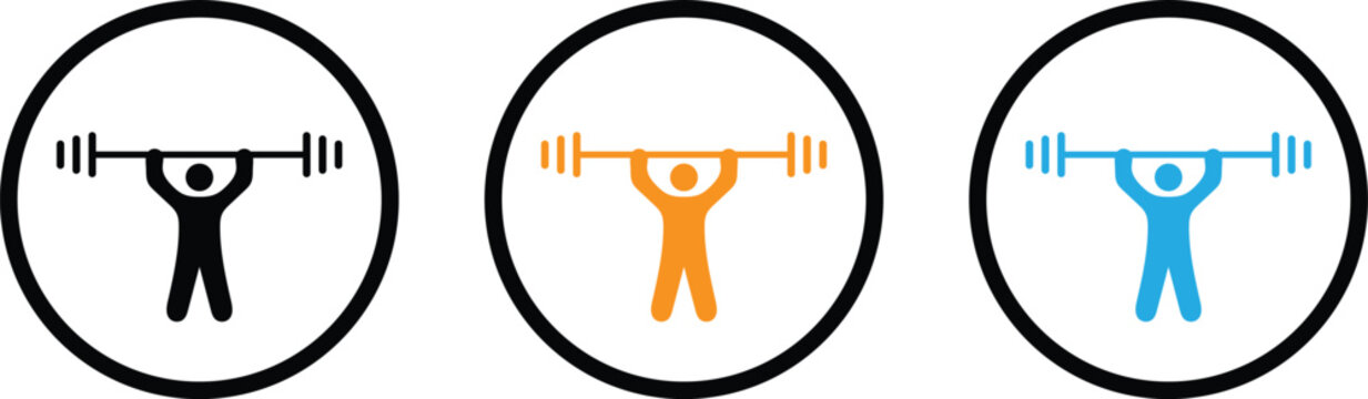 Weightlifting Athlete Icon Set Vector Illustration, Gym Fitness Logo Collection, Barbell Lifting Symbol, Strength Training Sports Badge Isolated