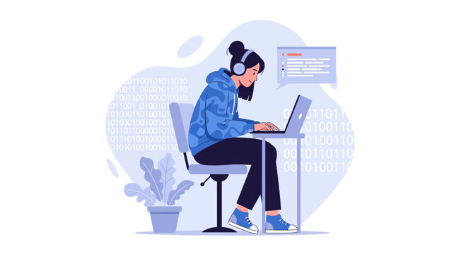 Young Woman Programmer Coding on Laptop, Wearing Headphones, Surrounded by Binary Code - Vector Illustration