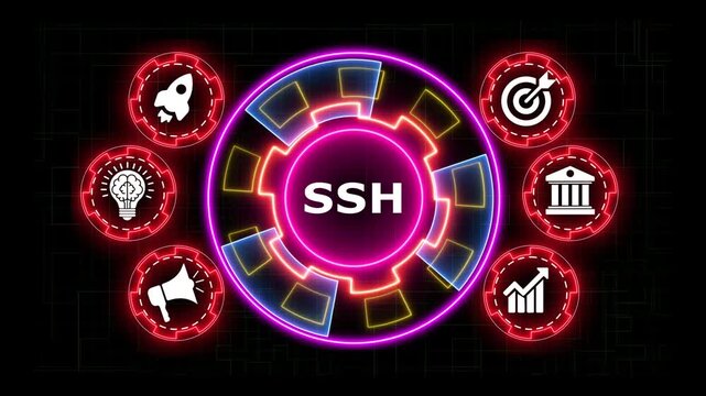 Secure shell network protocol animation with neon icons and digital backdrop.