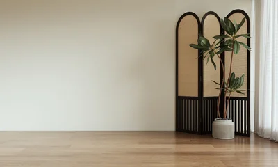 Fotobehang Japandi The empty Modern Room with Wooden Flooring and Minimalist Design  © teeraphan