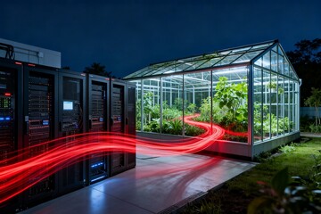 Fototapeta na wymiar server room with greenhouse at night