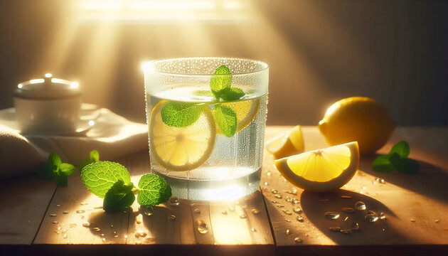 A close-up of a clear glass of water on a sunlit windowsill at dawn, Ai generated image