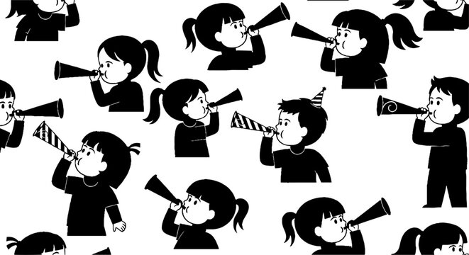 Illustrated Group of Children Playing Trumpets Together Repeatedly.