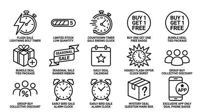 Collection of e-commerce and retail marketing promotion line icons.