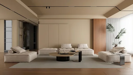 Fototapete Japandi Luxury Minimalist Living Room Design with Warm Neutral Tones  © teeraphan
