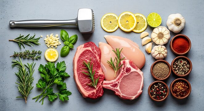 Raw meat steak and chicken breast with fresh herbs spices and metal kitchen meat mallet. meat tenderizer tips