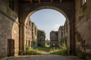 Naklejka premium A weathered stone archway frames a serene yet melancholic passageway through overgrown ruins in a rural landscape.