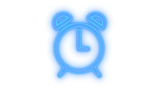 Colorfull neon alarm clock icon showing three o clock with bells and legs for morning wake up call and time management concepts isolated on transparent background for easy editing.
