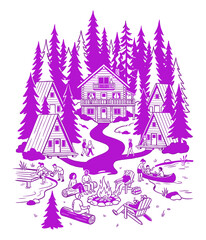 Obraz premium Forest Camp Scene. Purple Line Art Illustration. Outdoor Adventure Recreation Vibes. Ideal for Apparel and Prints. Great for Travel Posters and Stickers.