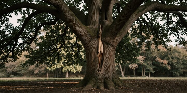A mature Quercus robur stands tall in a serene woodland setting, its gnarled trunk bearing a prominent vertical fissure amidst autumnal hues.