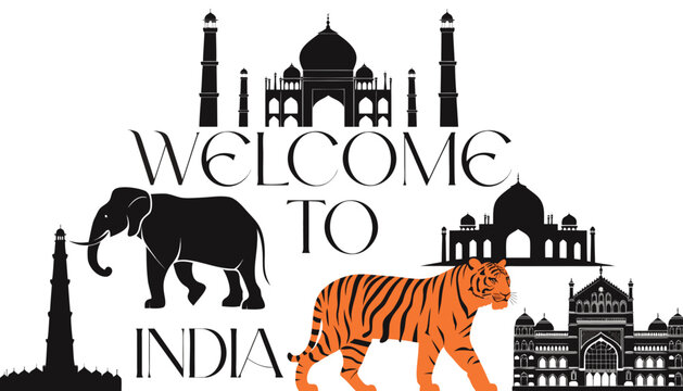 Vector illustration of India iconic travel landmarks colorful silhouette, elephant and bengal tiger, with &ldquo;WELCOME TO INDIA&rdquo; text