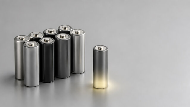 Group of alkaline batteries with one glowing charged battery electric alkaline electricity resource sustainability consumption technology capacity electronics recycling