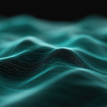 Abstract digital terrain pattern with glowing teal line art and smooth fluid curves on black background, cinematic modern design