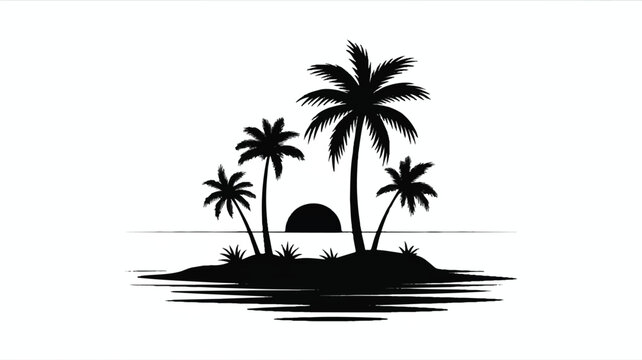 An illustration depicts a serene island scene with palm trees and a hut.
