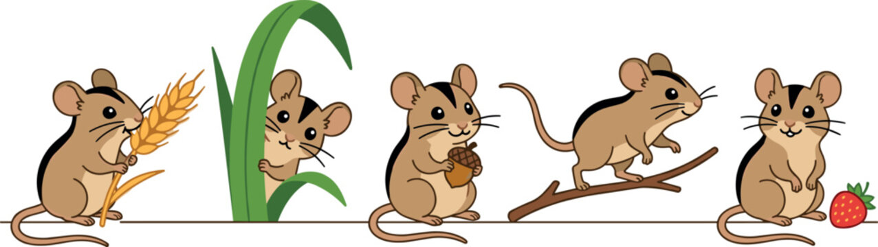 Cute Cartoon Field Mouse Character Set with Adorable Mice Holding Wheat Acorn and Strawberry in Various Forest Nature Poses Vector Illustration