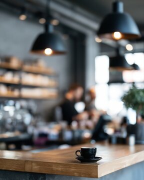 Modern coffee shop with blurred baristas and freelancers working in background, cinematic cafe atmosphere, shallow depth of field