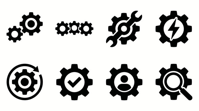 Set of eight flat gear icons for technology and engineering.