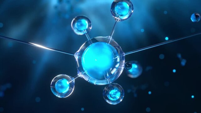 Stem cell division. Cell division and growth into molecules under a microscope. Cloned cells release anti-aging and anti-wrinkle factors. Close-up of clones. Cosmetic research, 3D animation.