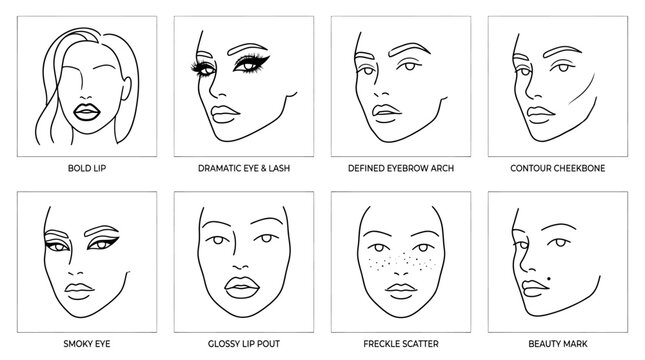 Set of eight line art facial makeup technique illustrations.