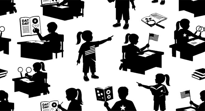 Black and white classroom scene with active students.