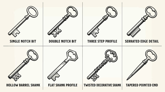 Set of eight vintage key illustrations showing various bit and shank designs.
